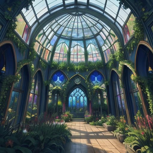 Stained Glass Conservatory with Lush Plants: Fantasy Concept...