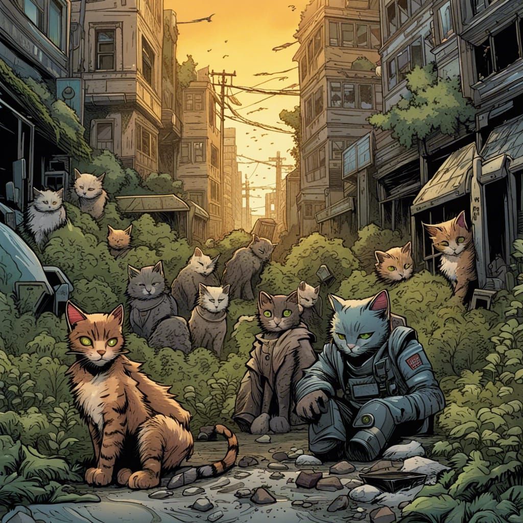 Post-Apocalyptic Cats in Overgrown City, Comic Book Art