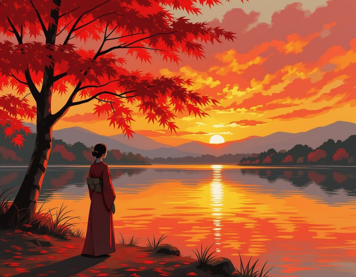 Fiery Sunset Reflection by Lake, Impressionist Style