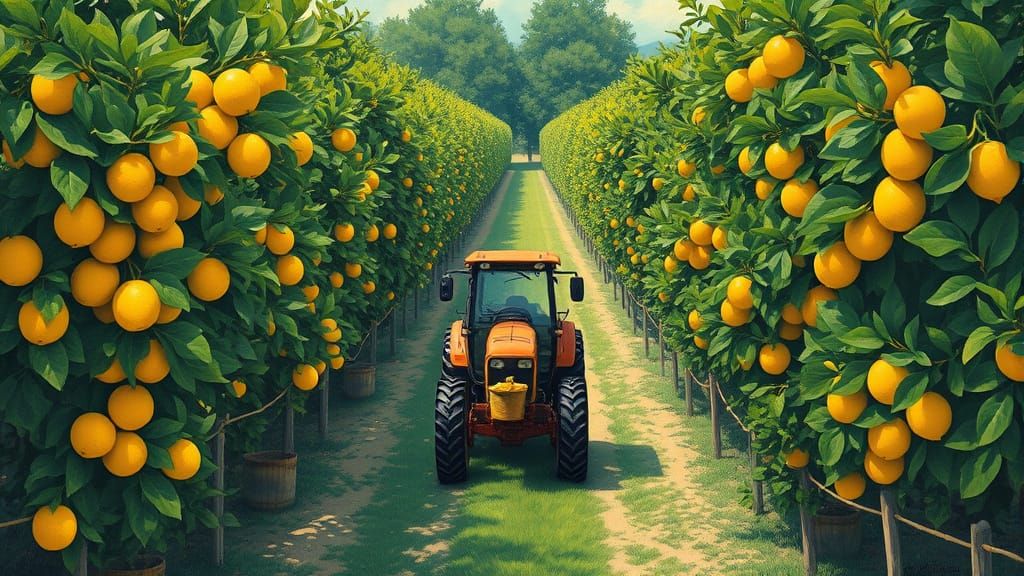 Lemon Orchard with Tractor in Gouache Style