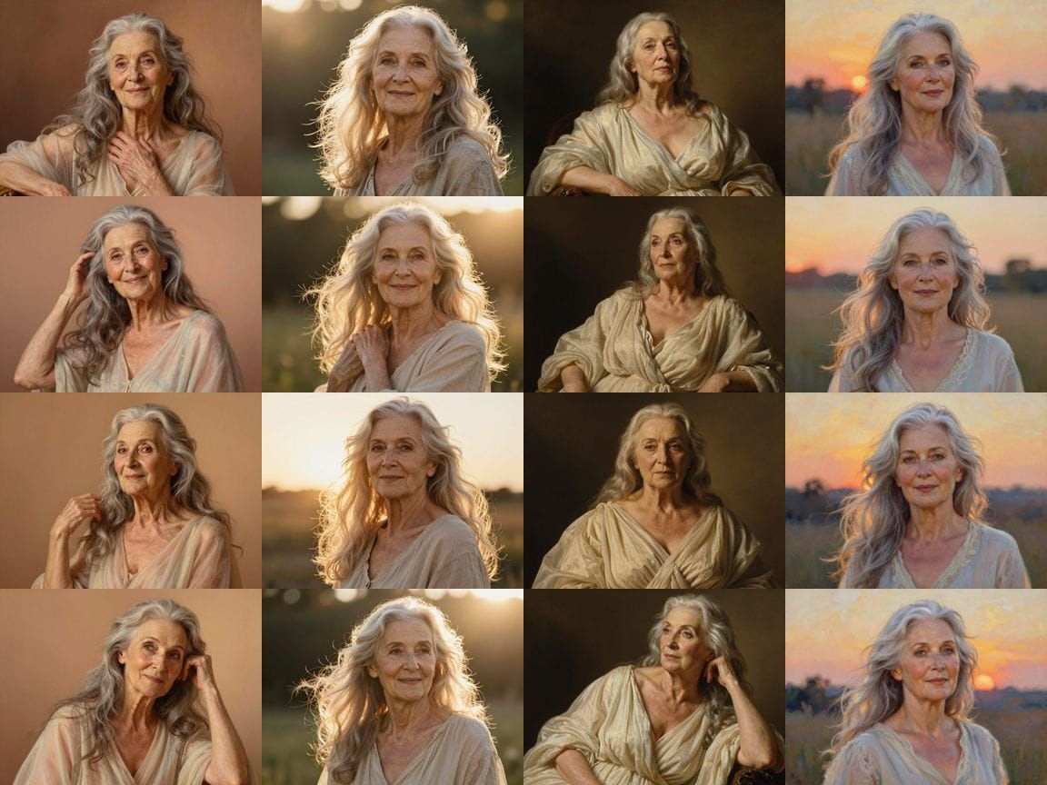 Elderly Woman with Long Hair in Light Clothing