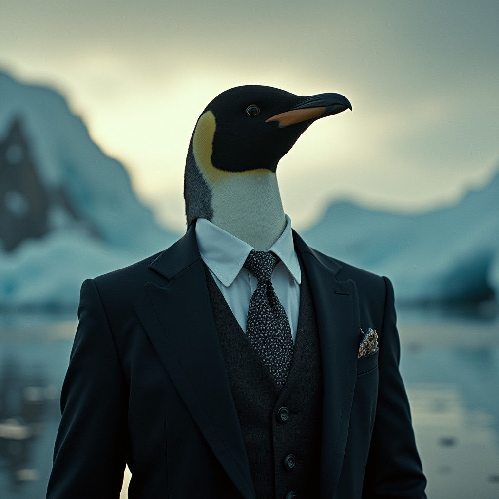 Penguin Gentleman in Stormy Antarctic Landscape