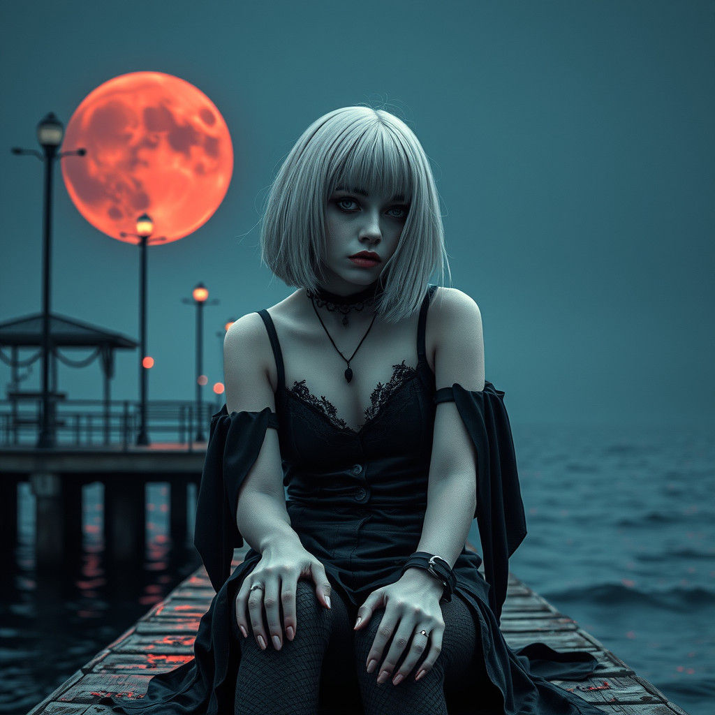 Sad Vampire Girl on Pier Under Bloody Moon