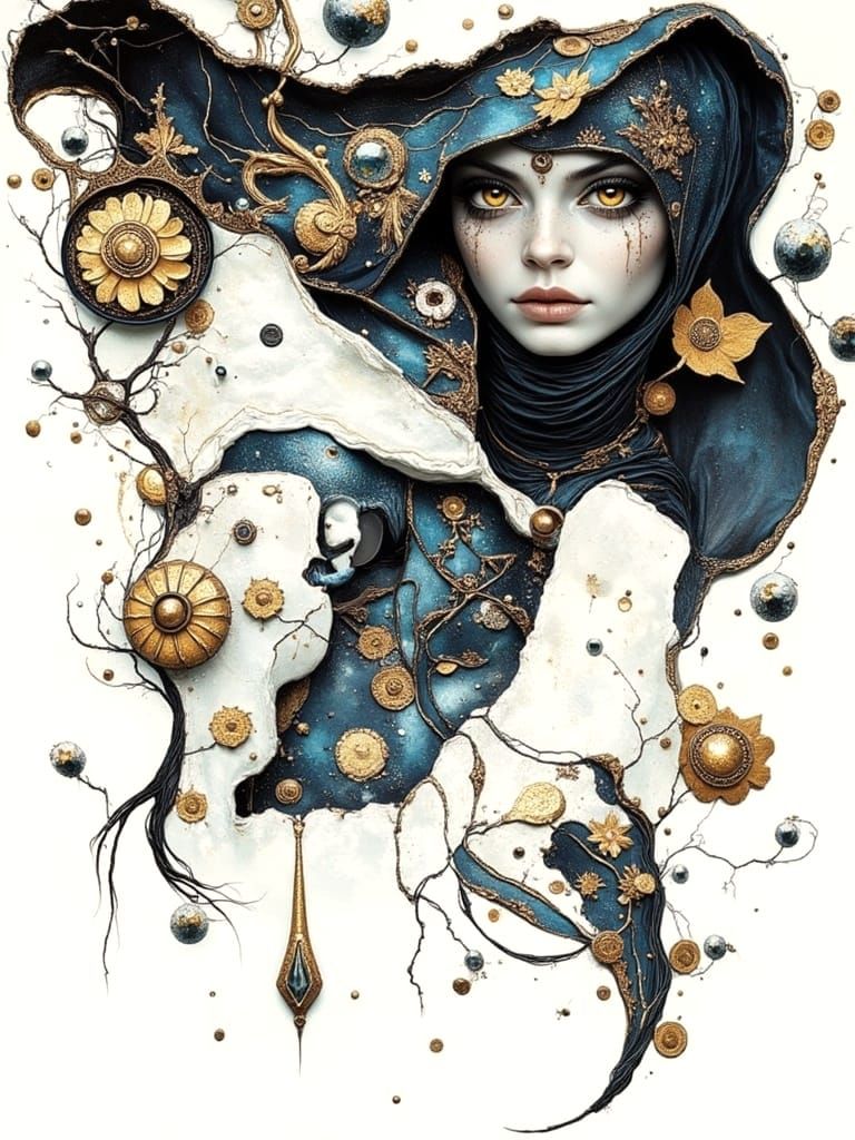 Opulent Jewel-Encrusted Queen in Dreamlike Ballroom