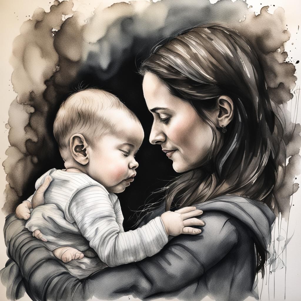 Young Mother Cuddles Newborn Portrait in Watercolor Style