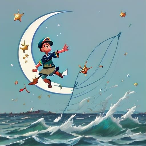 Pixar Style Sailor on Moon with Net and Sea