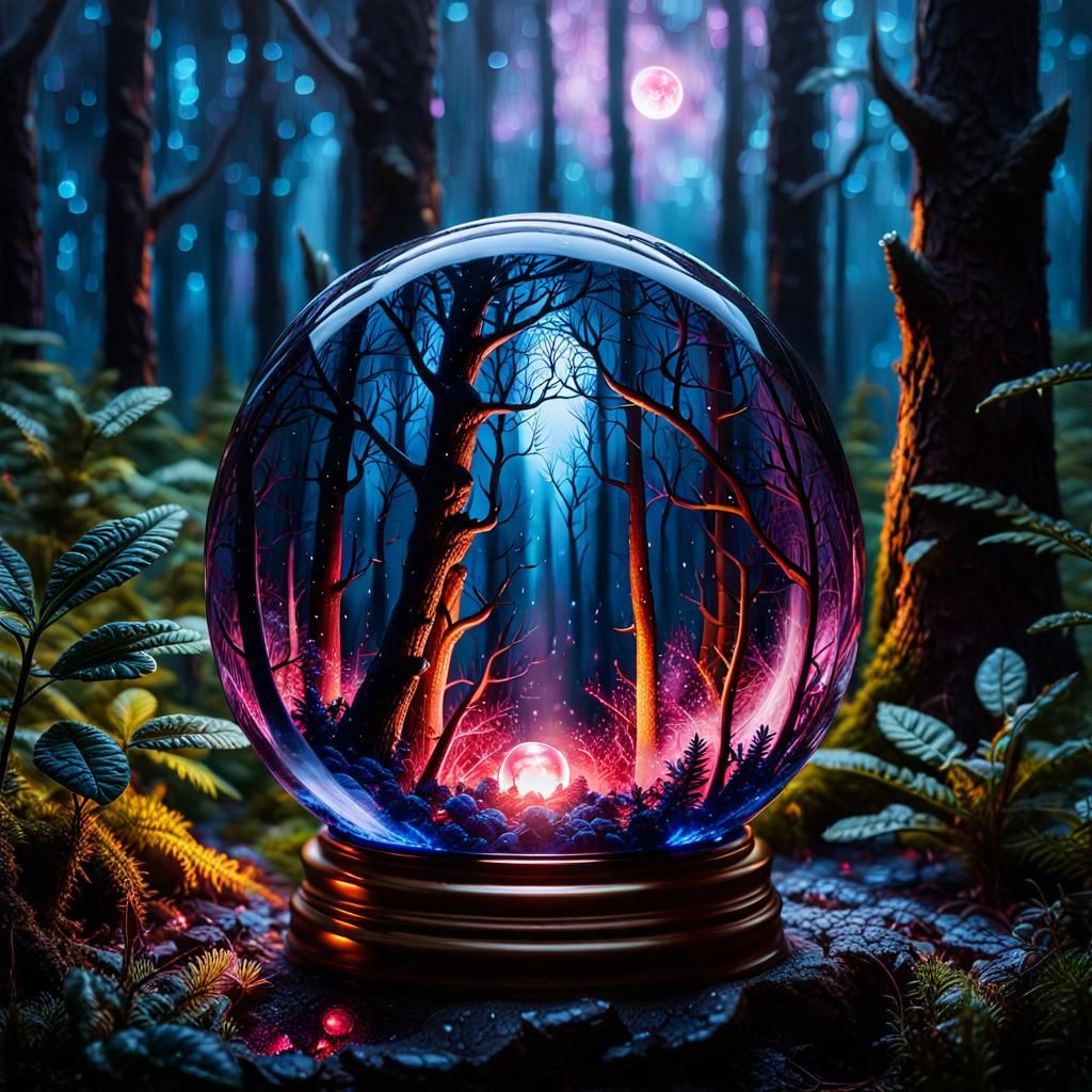 Glowing Orb in Dark Enchanted Forest, Surreal Oil Painting