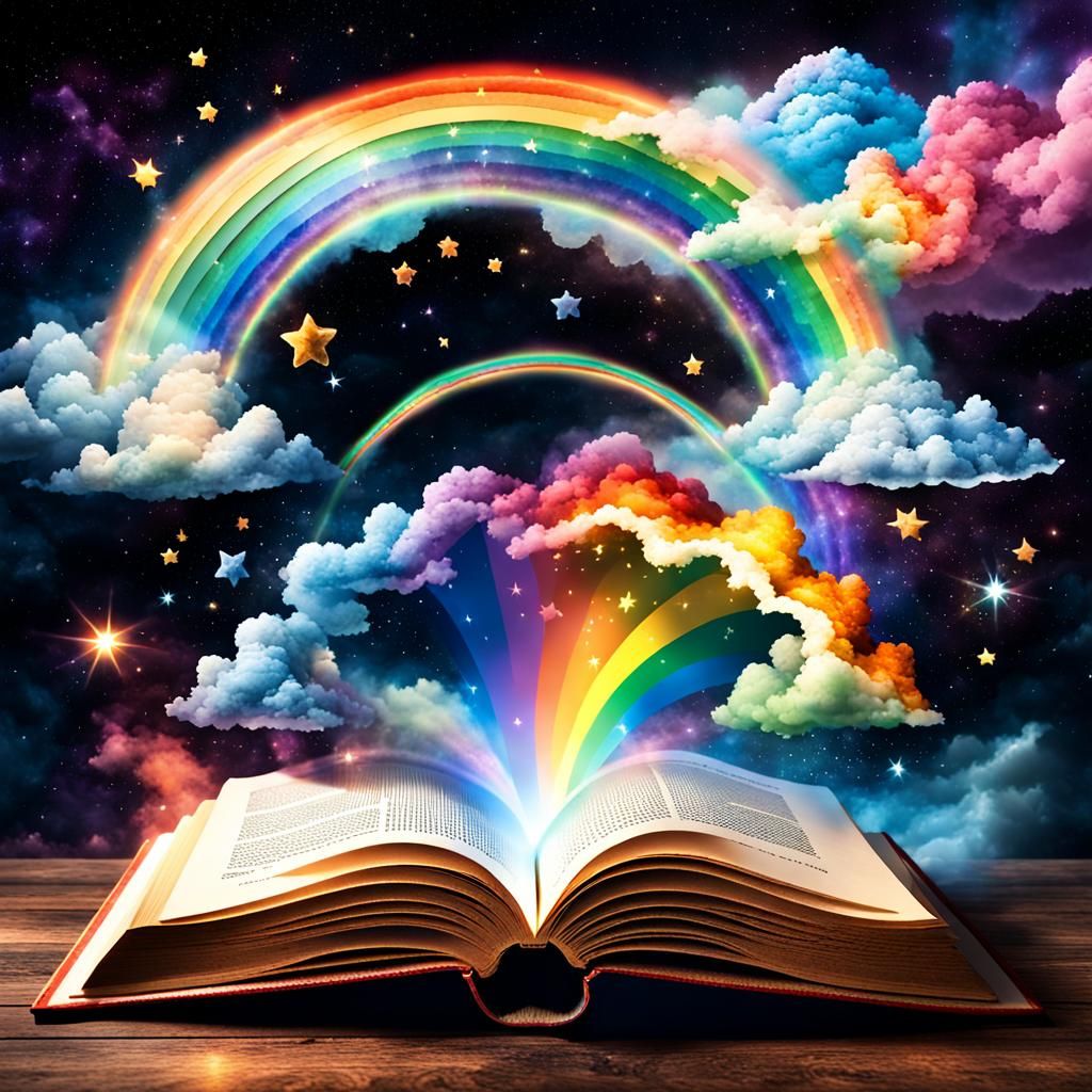 Magical Open Book with Cosmic Rainbow Clouds