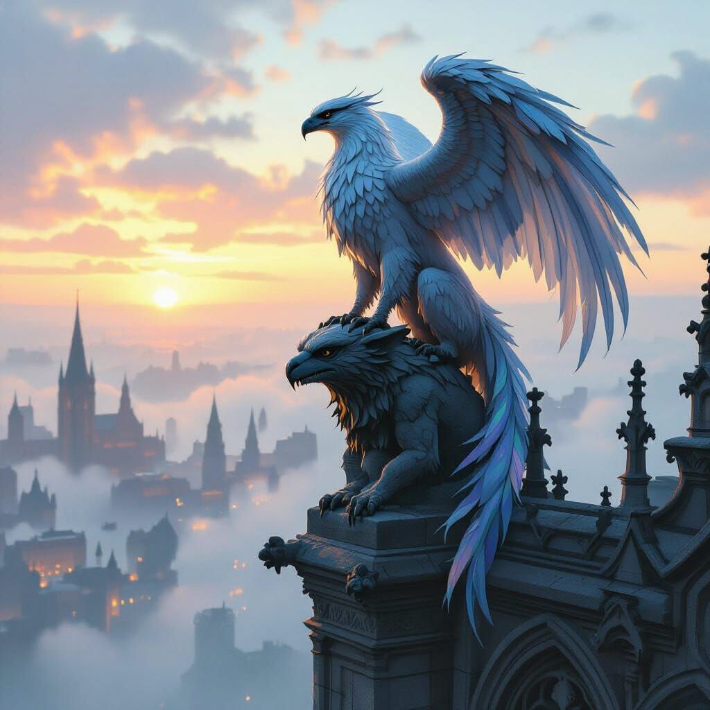 Griffin Perched on Gothic Gargoyle in Hyperrealism