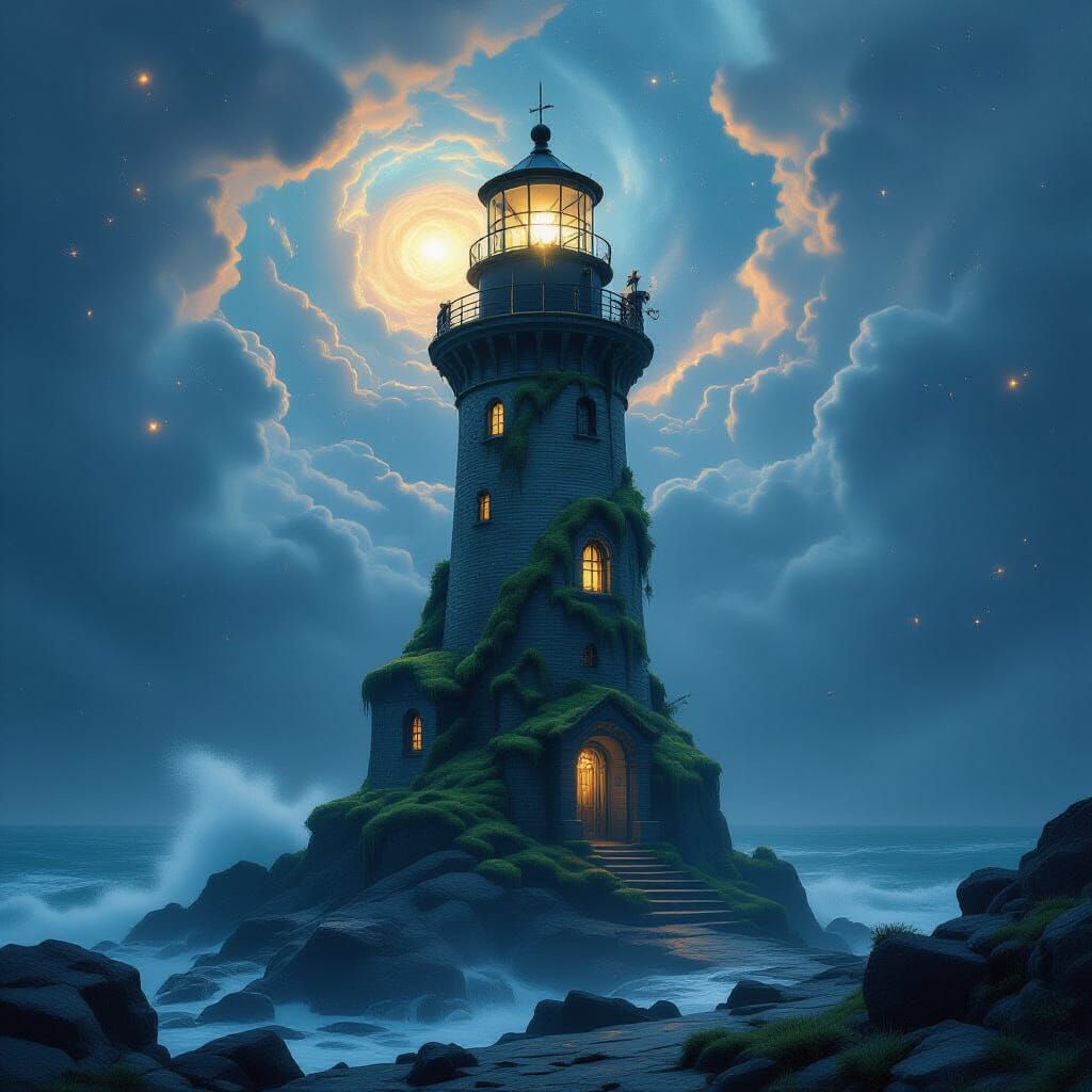 Ancient Lighthouse with Celestial Machinery on Stormy Coast