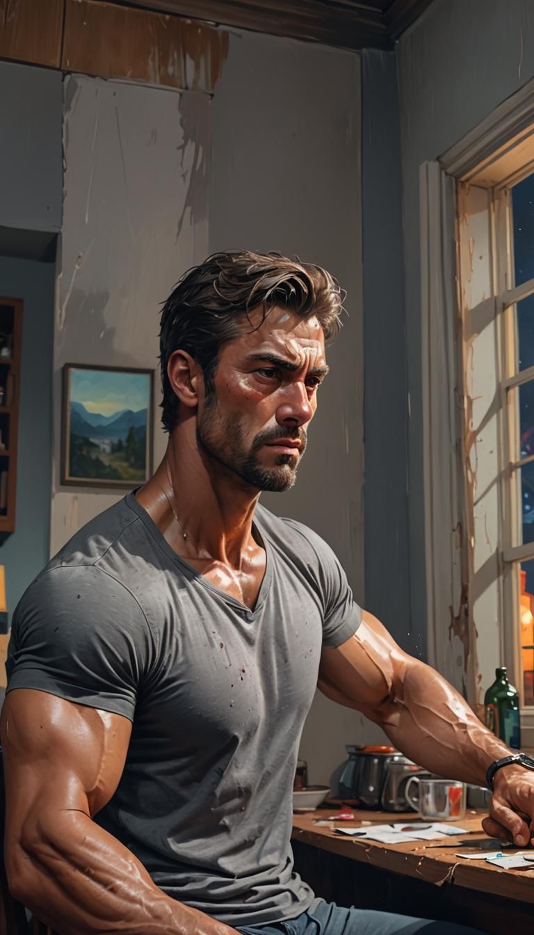 Muscular Man's Regret: Hyperrealistic Night Scene