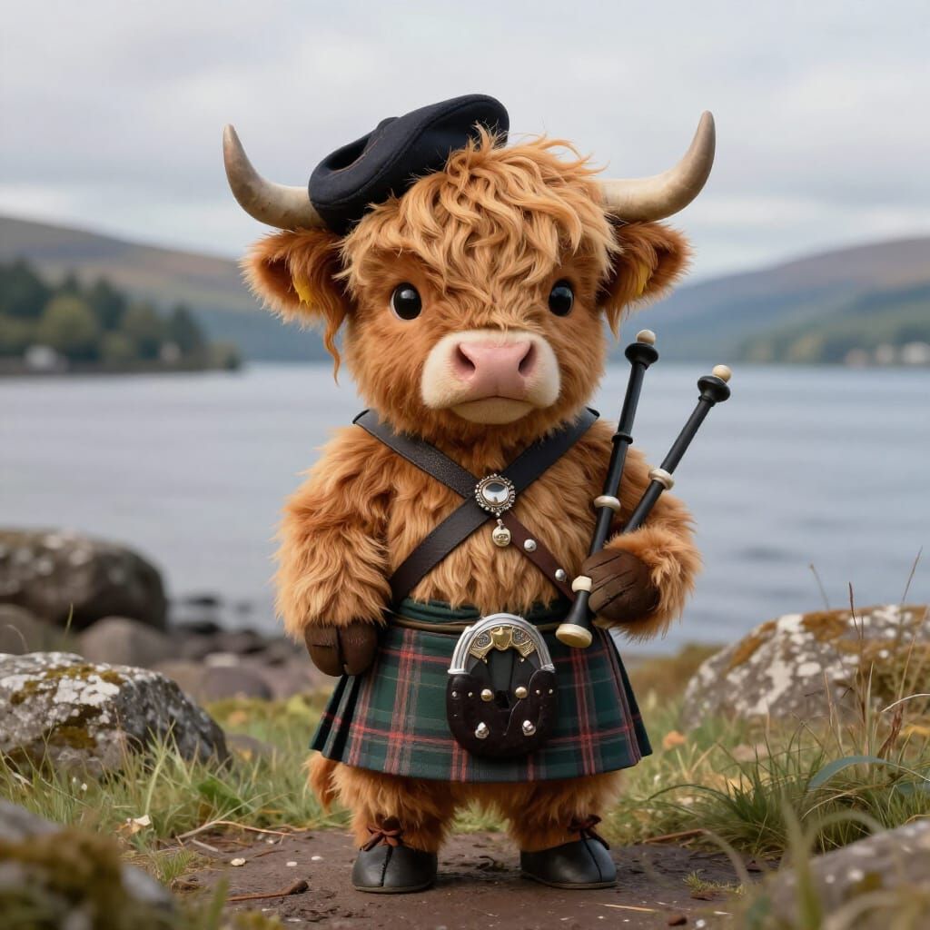 Cute Highland Cow Bagpiper by Loch Ness
