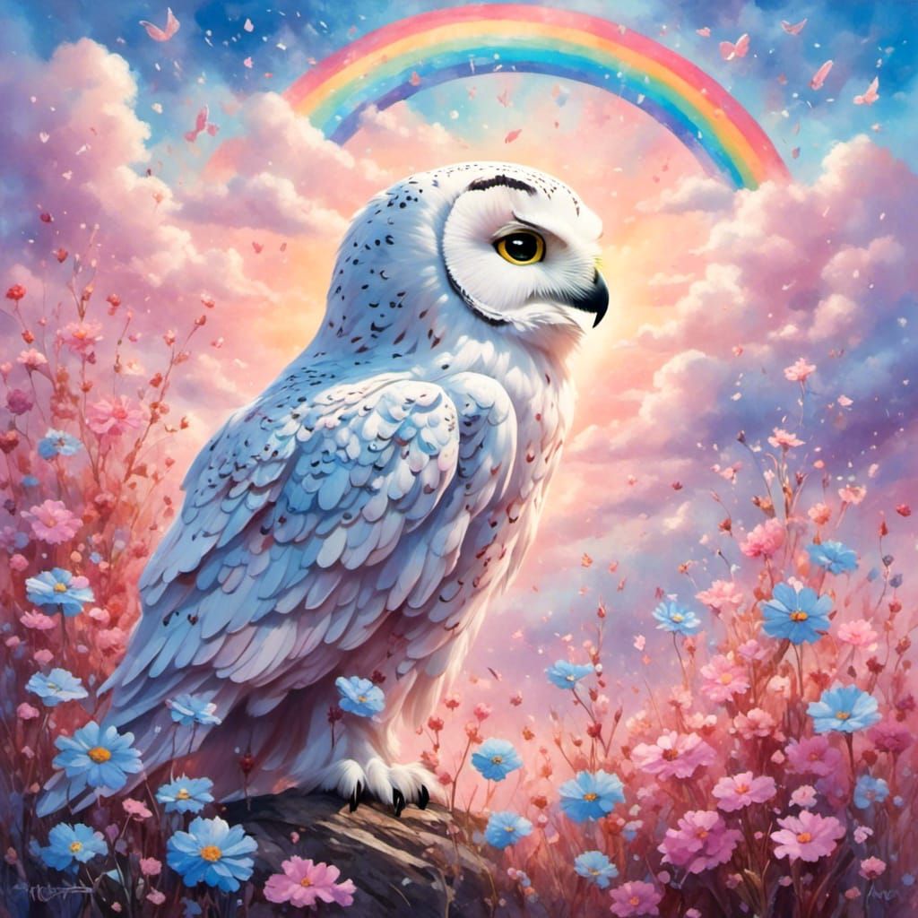 Snowy Owl Flight Over Heart Flower Field: Pastel Art