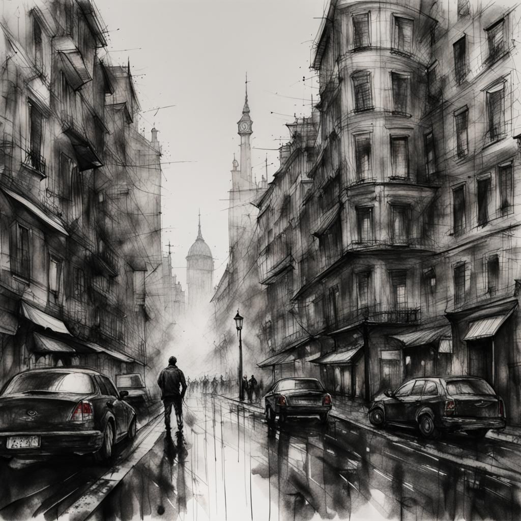 Monochrome Cityscape Ink Drawing