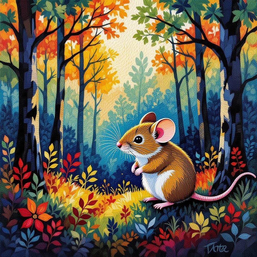 Tiny Mouse in Vibrant Forest Needlepoint Expressionism