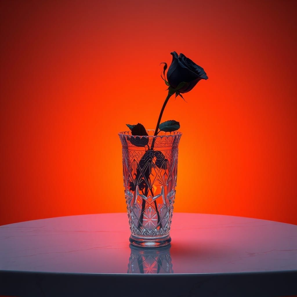 Crystal Vase with Black Rose on Marble Table
