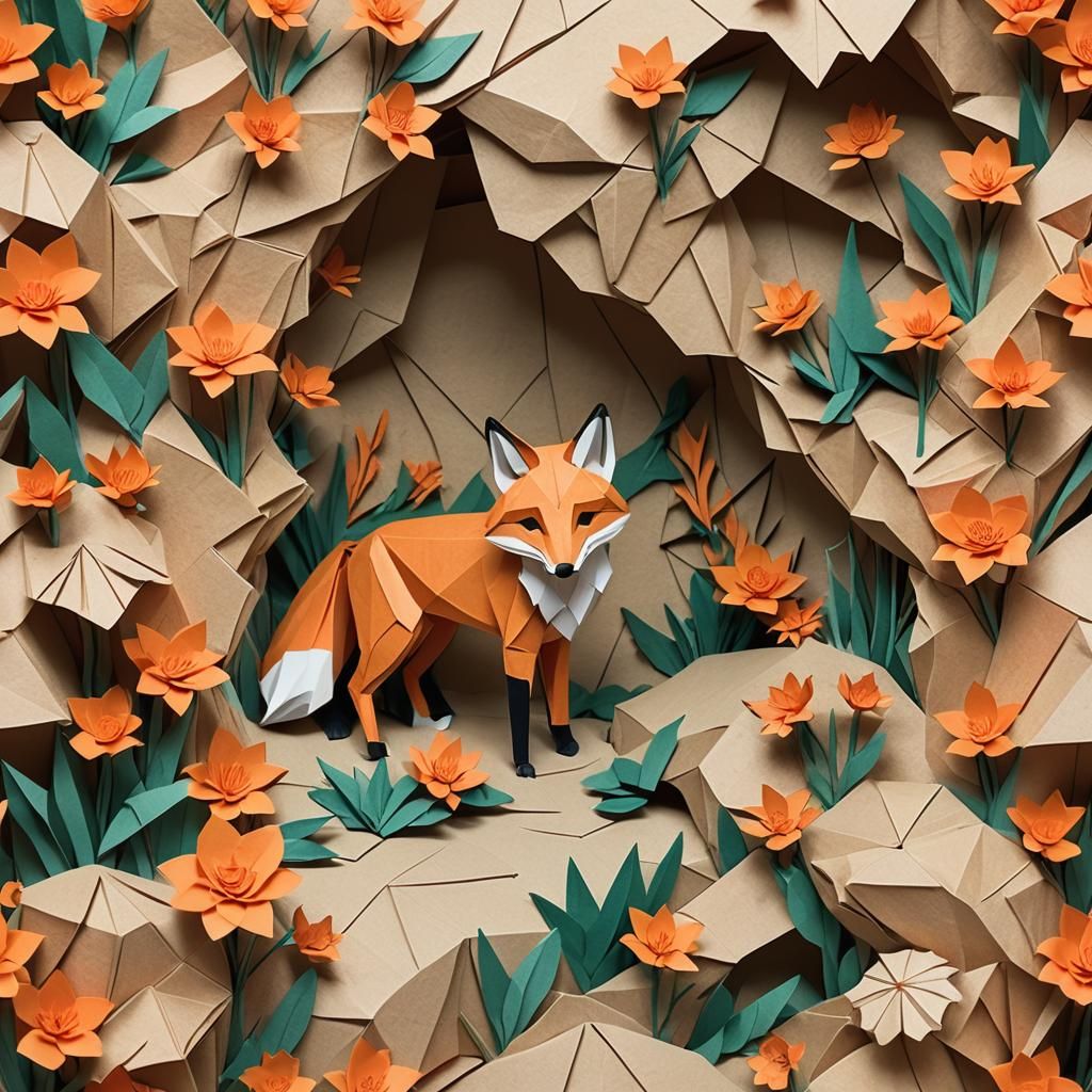 Origami Fox in Floral Cave Papercraft
