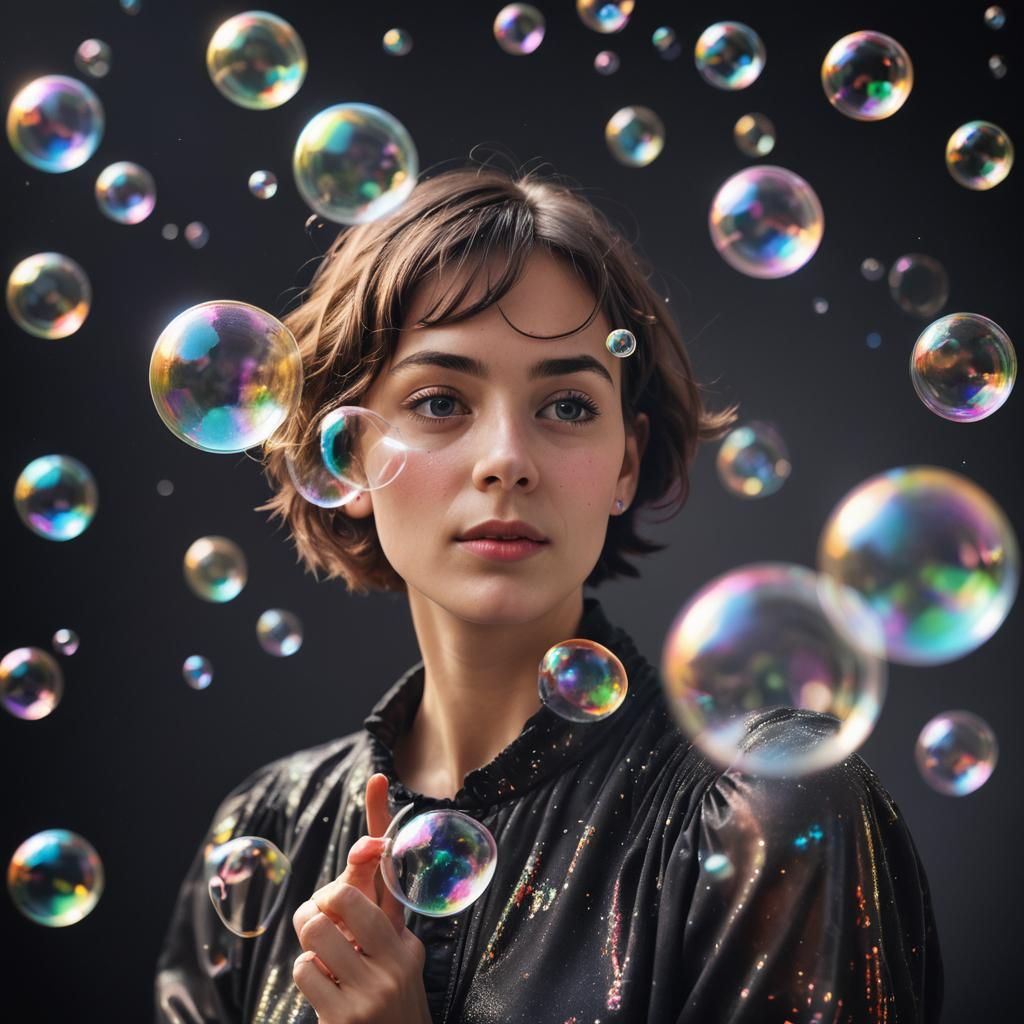 Woman Blowing Iridescent Soap Bubbles, Studio Portrait