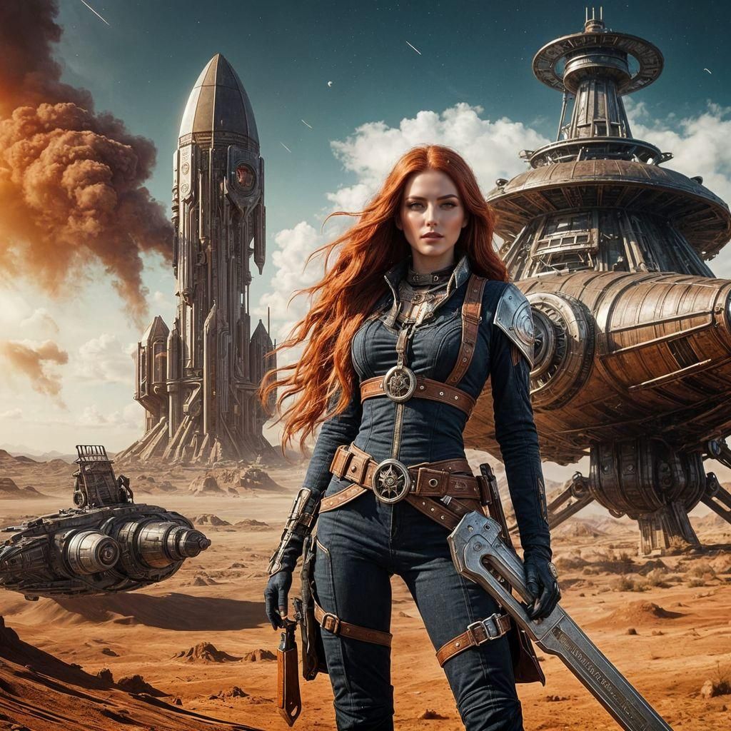 Cowgirl Mechanic with Spaceship in Retrofuture Style