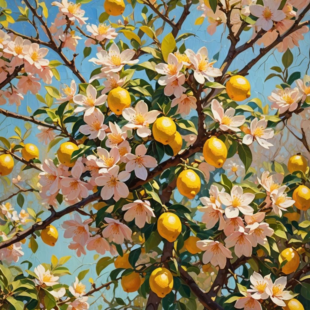 Blooming Lemon Tree in Neo-Impressionism Style