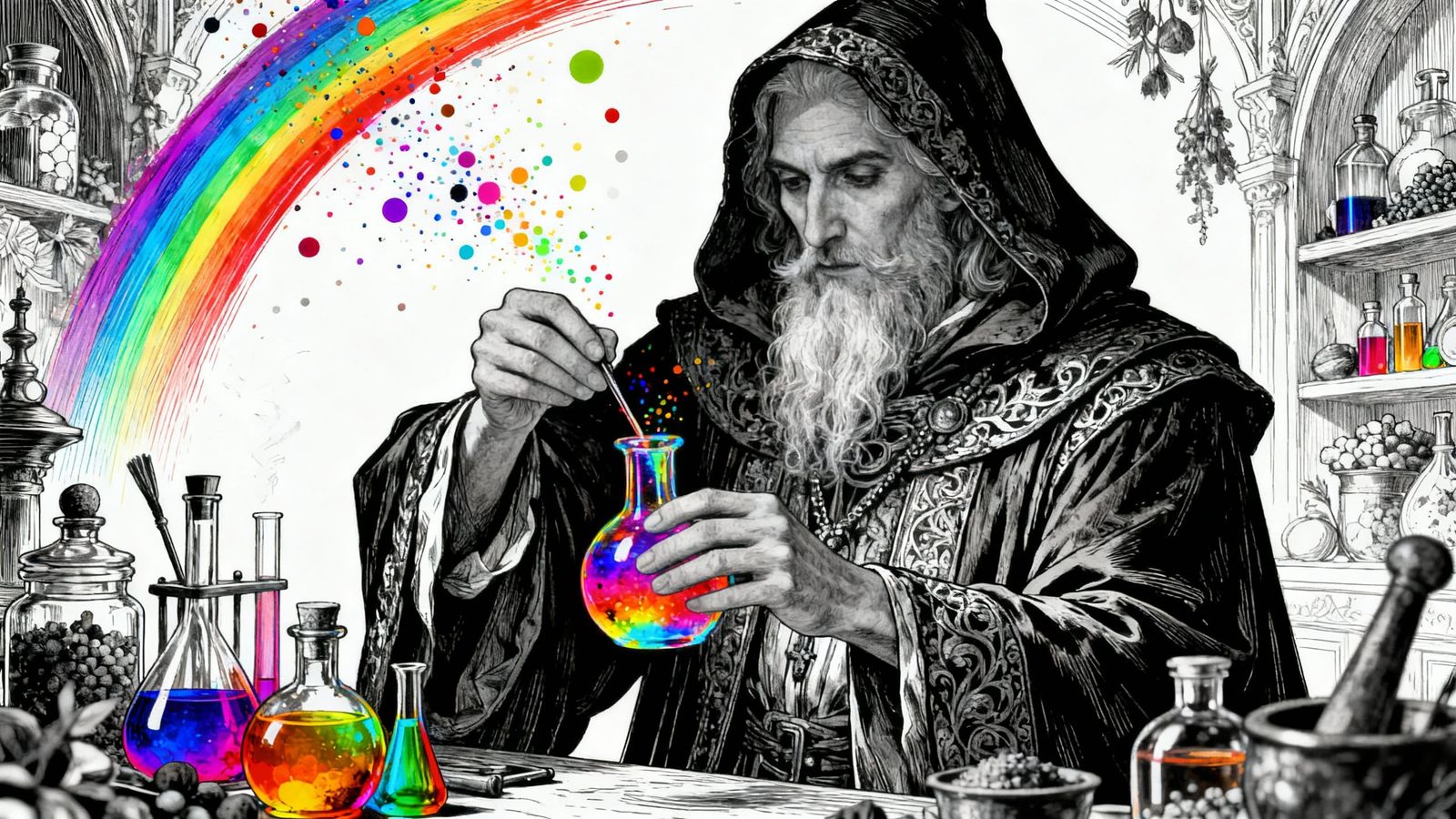 Alchemist Crafting Rainbow Potions in Bold Line Art Style