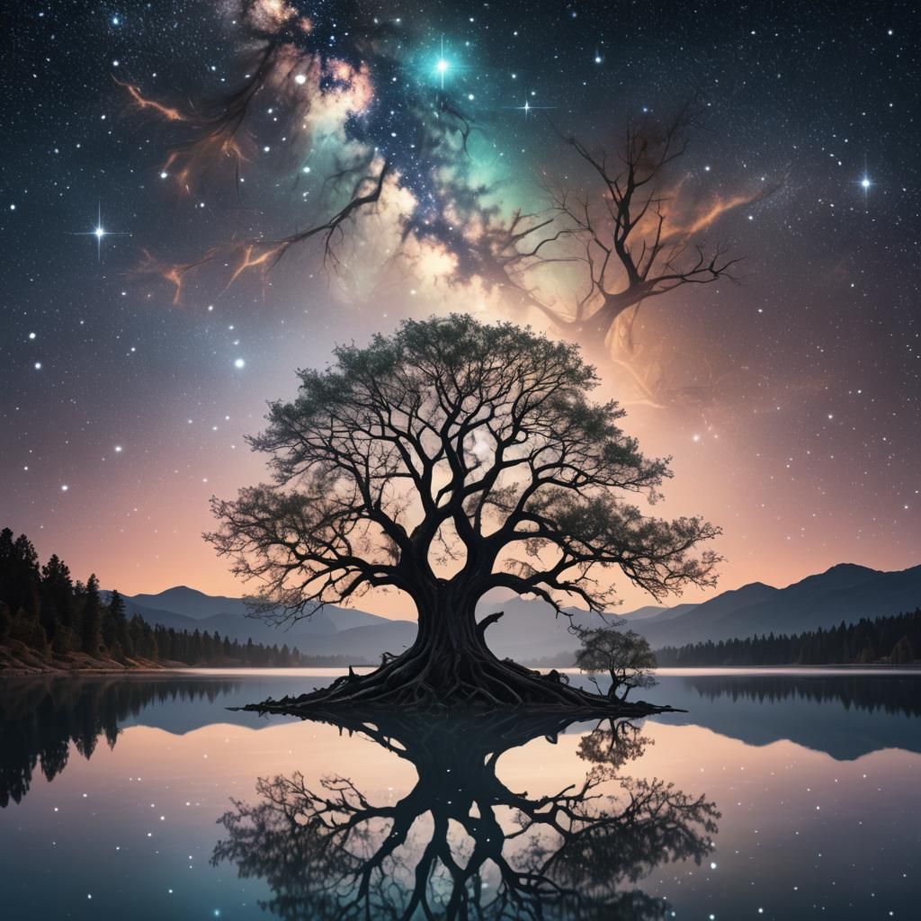 Glowing Tree Reflection on Mystical Lake