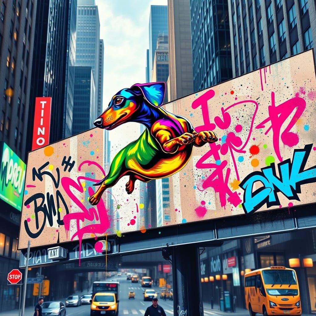 Surreal Neon Dachshund Billboard in New York City