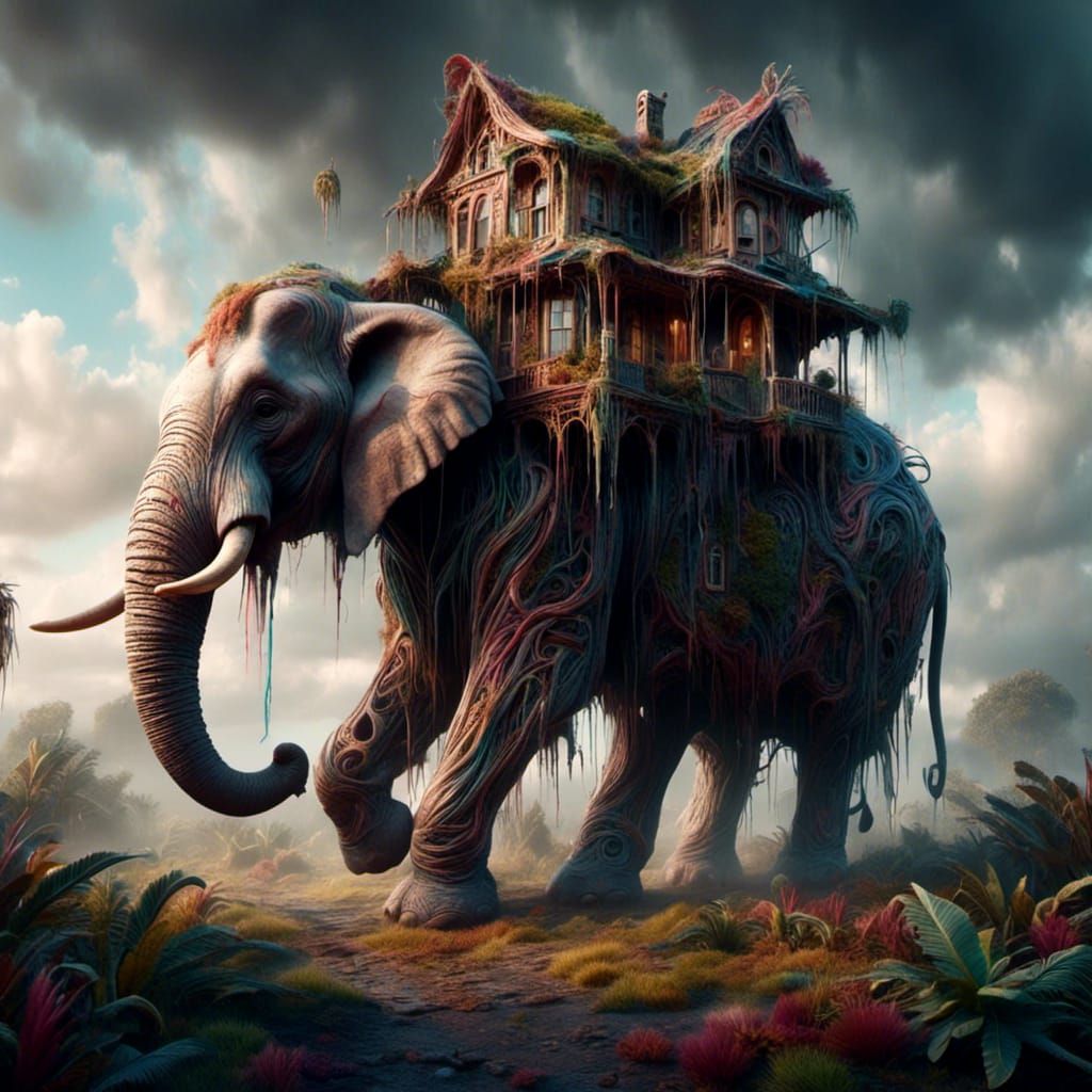 Elephant Transports House Across Savannah in Dark Fantasy St...