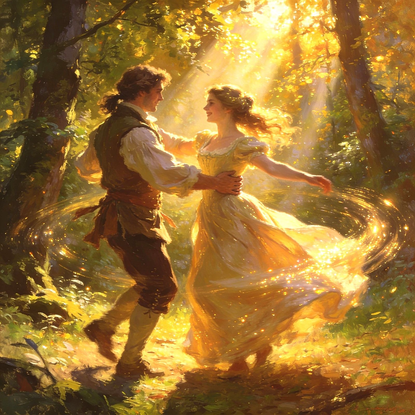 Joyful Regency Couple Dancing in Sunlit Forest