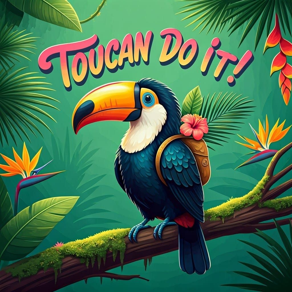 Animated Toucan with Motivational Graffiti in Jungle