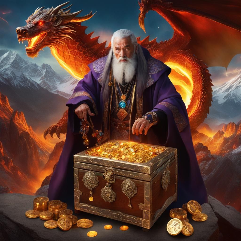 Warlock Overlooking Treasure and Dragon