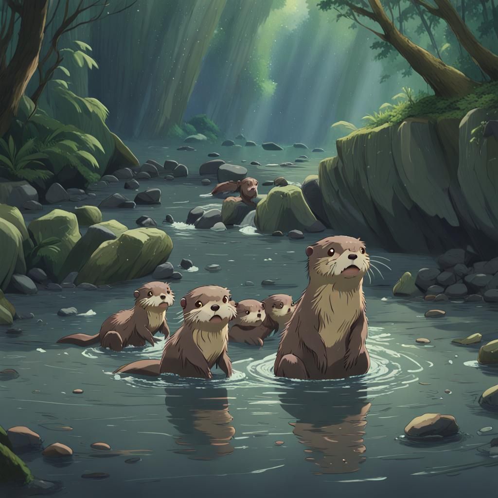 Otters playing in the river