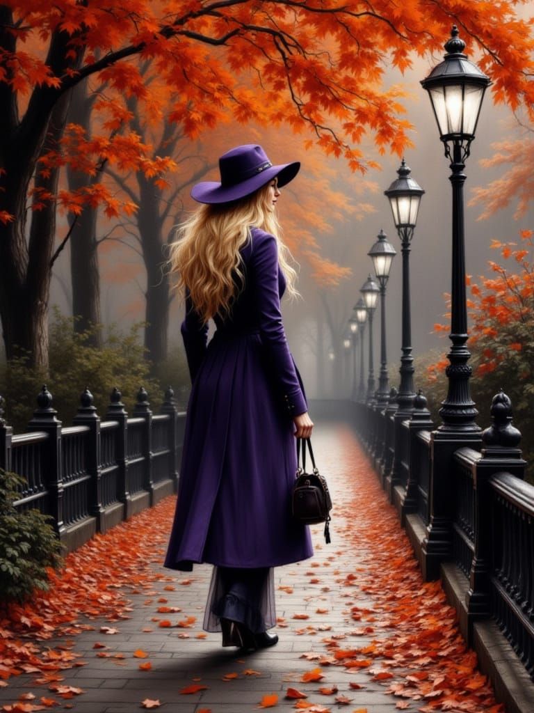 Woman in Purple Coat on Autumn Path in Dark Fantasy Style