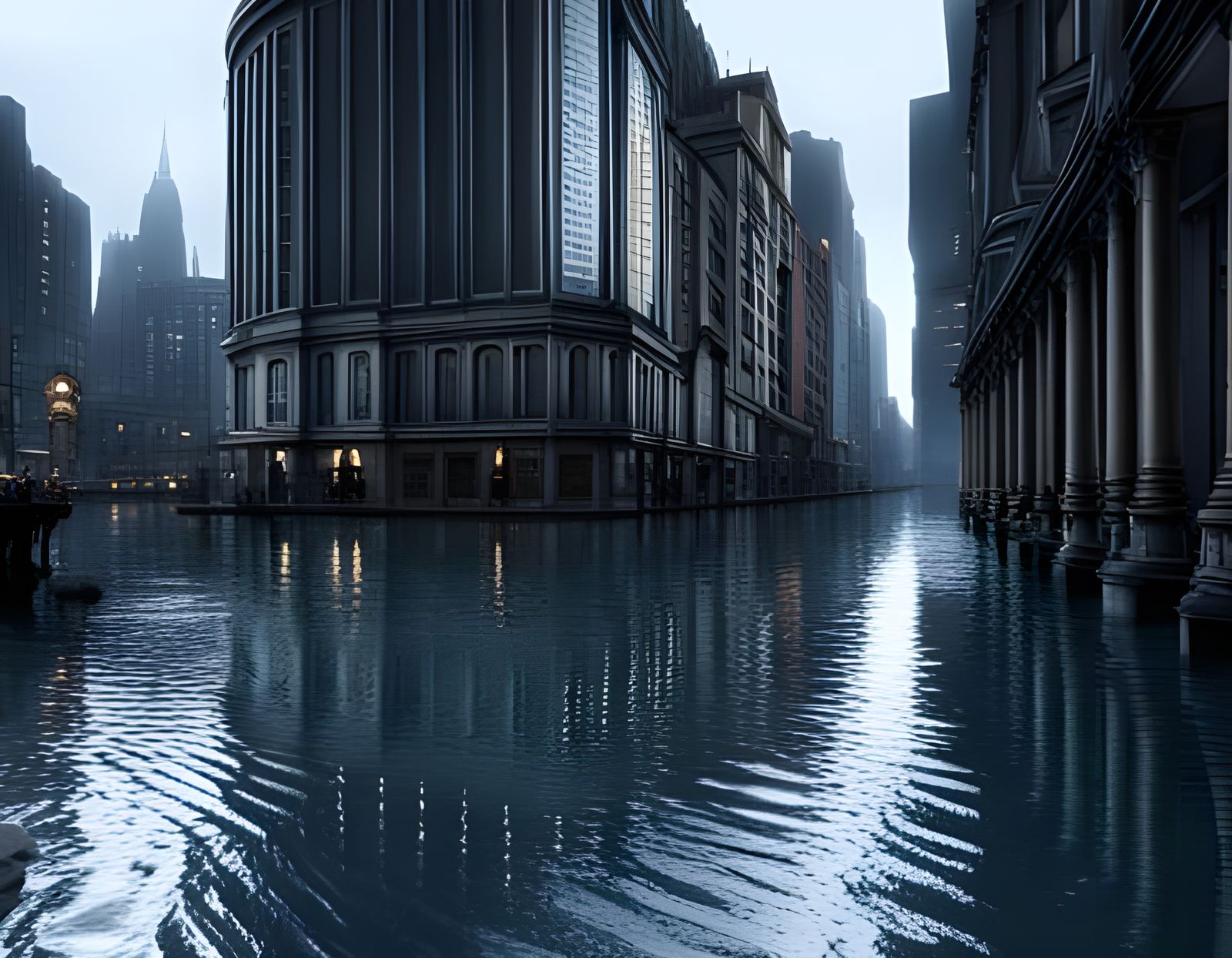 Flooded Cityscape Street Scene in Dark Fantasy Style