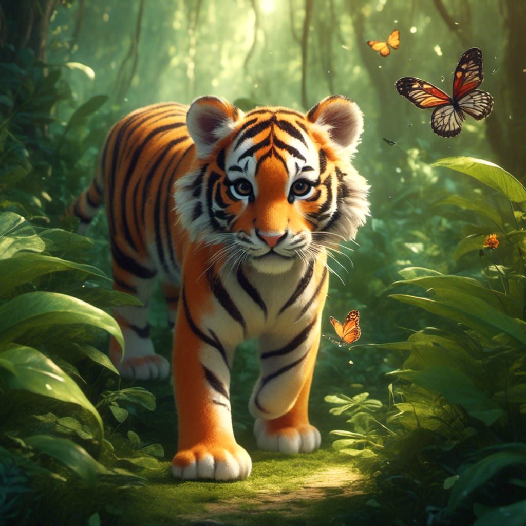 Whimsical Tiger Cub in Vibrant Forest Scene