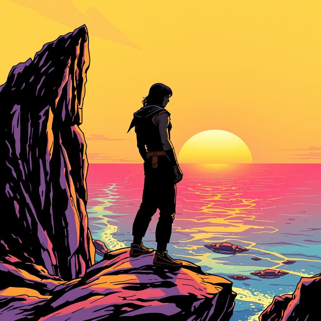 Retro Futuristic Comic Book Scene with Lone Figure Overlooki...