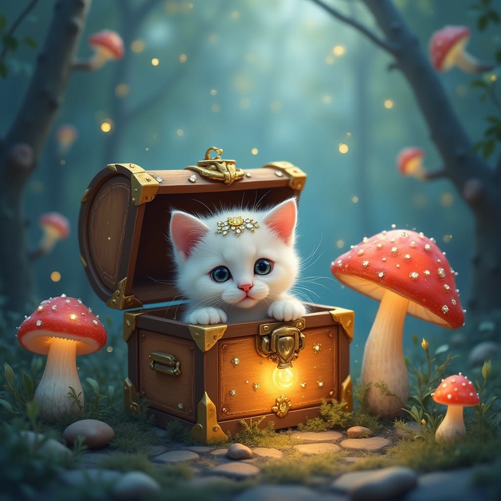 Jeweled Kitten in Enchanted Forest Watercolor