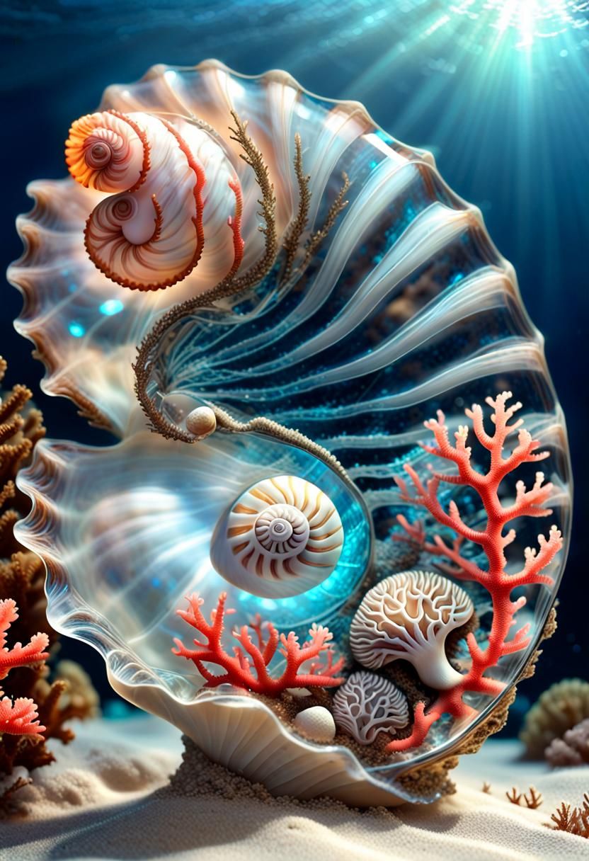 Glowing Coral Reef in Glass Seashell