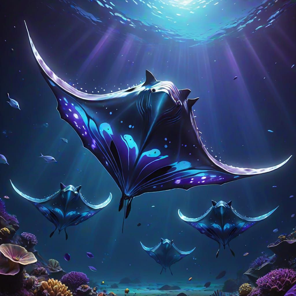 Bioluminescent Manta Rays in Science Fiction Style