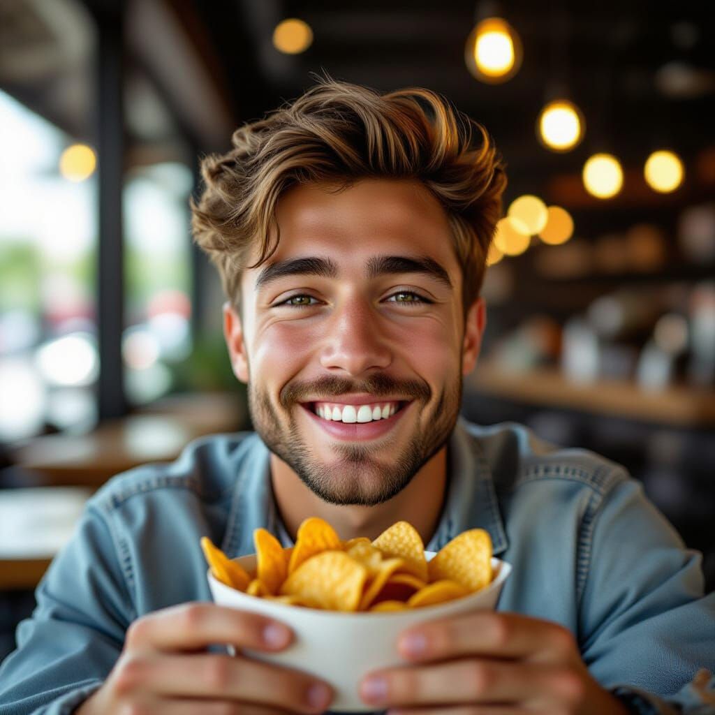 Young Man Snapping Selfie with Chips, Cinematic Lighting