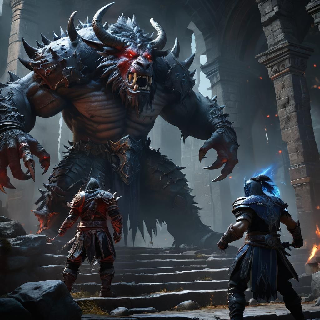 Warcraft Warrior vs Demon in Dark Fantasy Anime Style