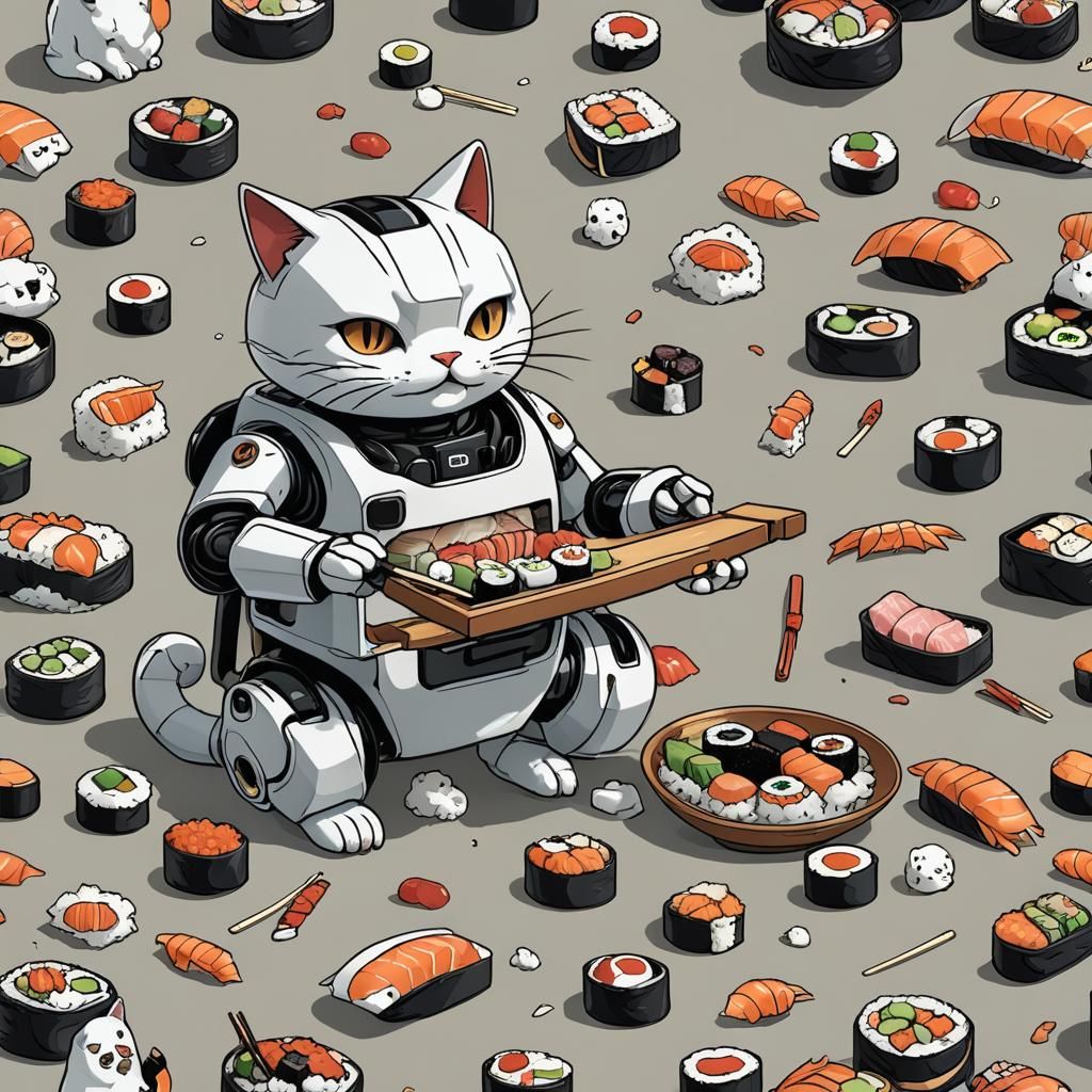 Robot Cat-Human Eating Sushi and Throwing Up