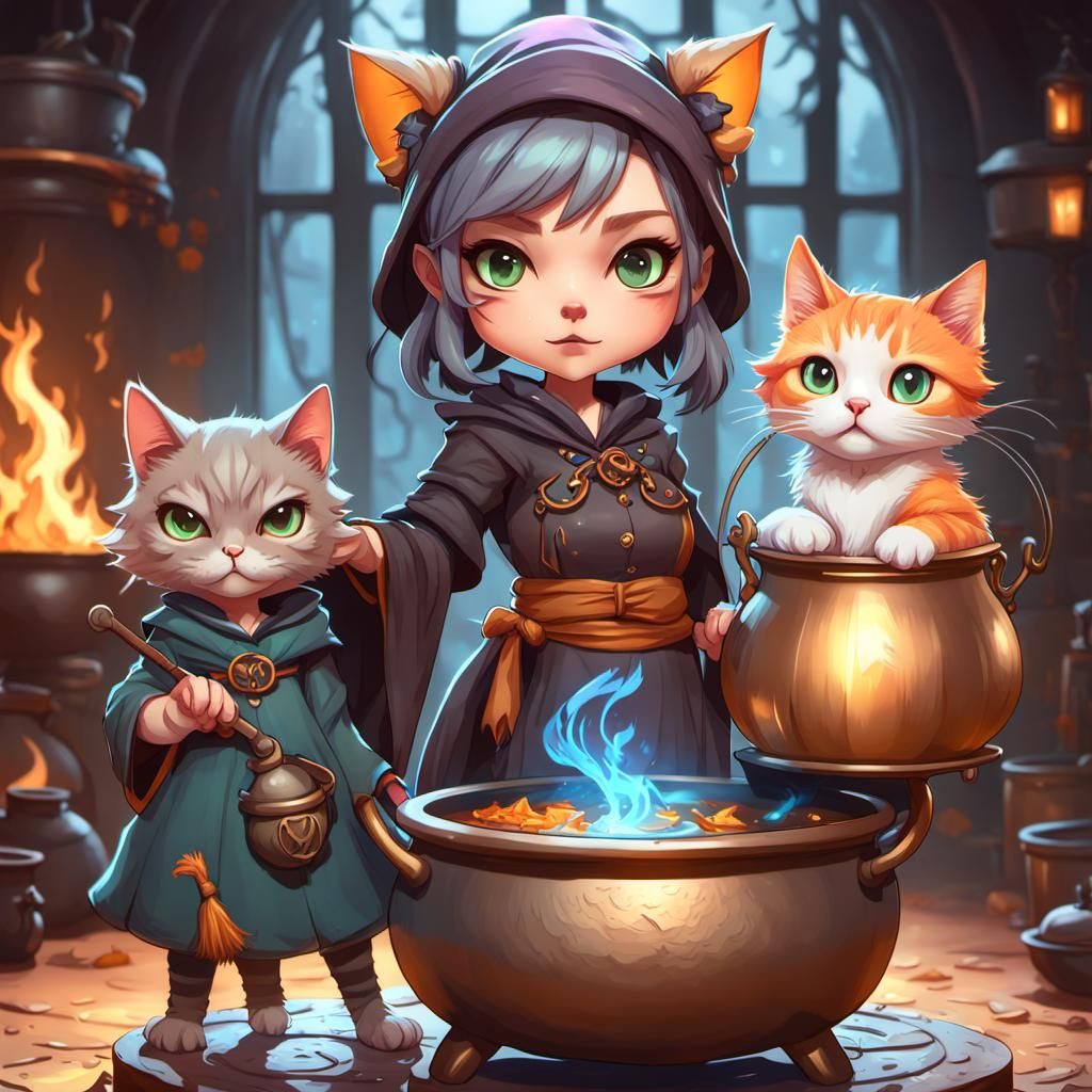 Chibi Witch and Cat Portrait in Digital Art Style