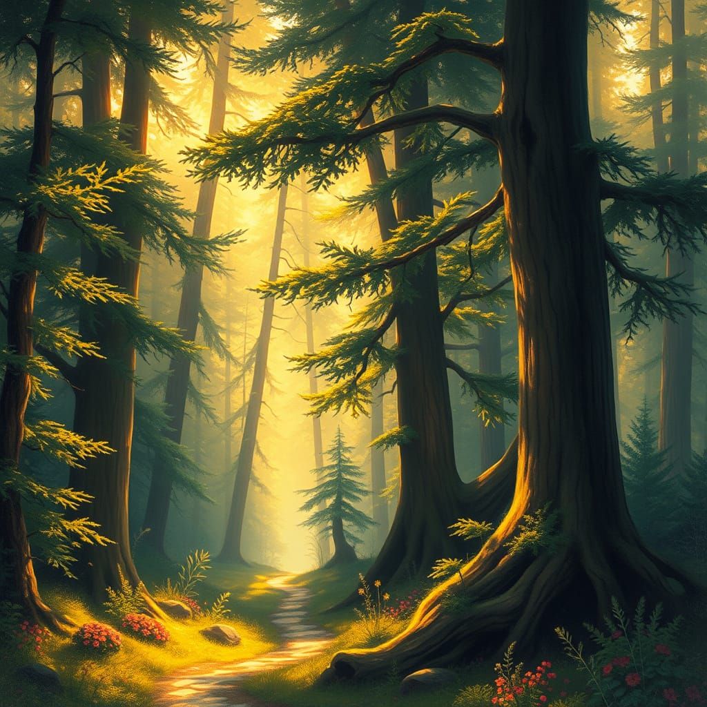 Golden Forest Glade in Whimsical Style