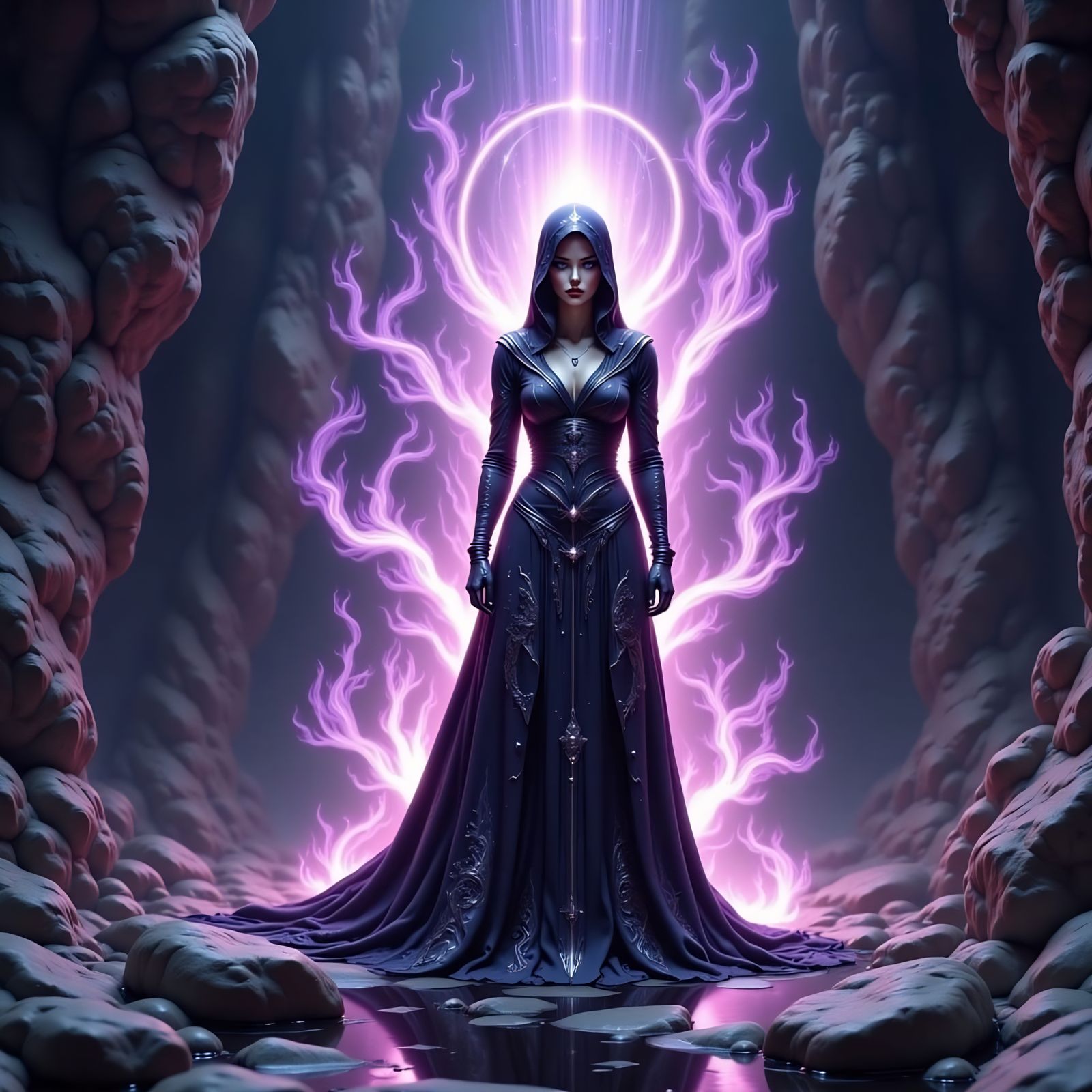 Mystical Sorceress Stands Before the Glowing Nexus Portal