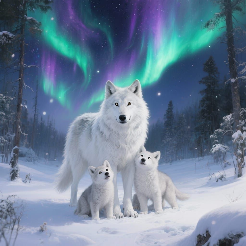 White Wolf Family Under Aurora Borealis