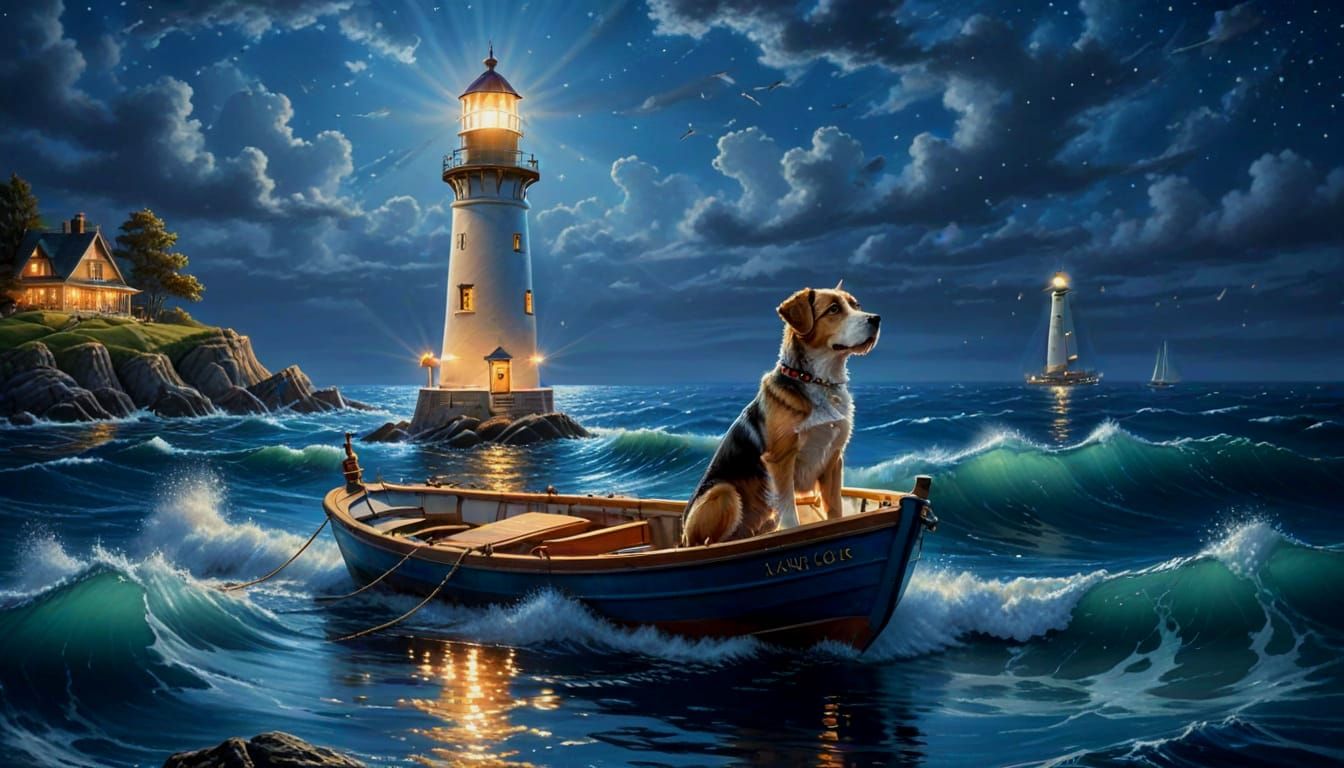 Hyperrealistic Lighthouse at Night with Dog and Boats