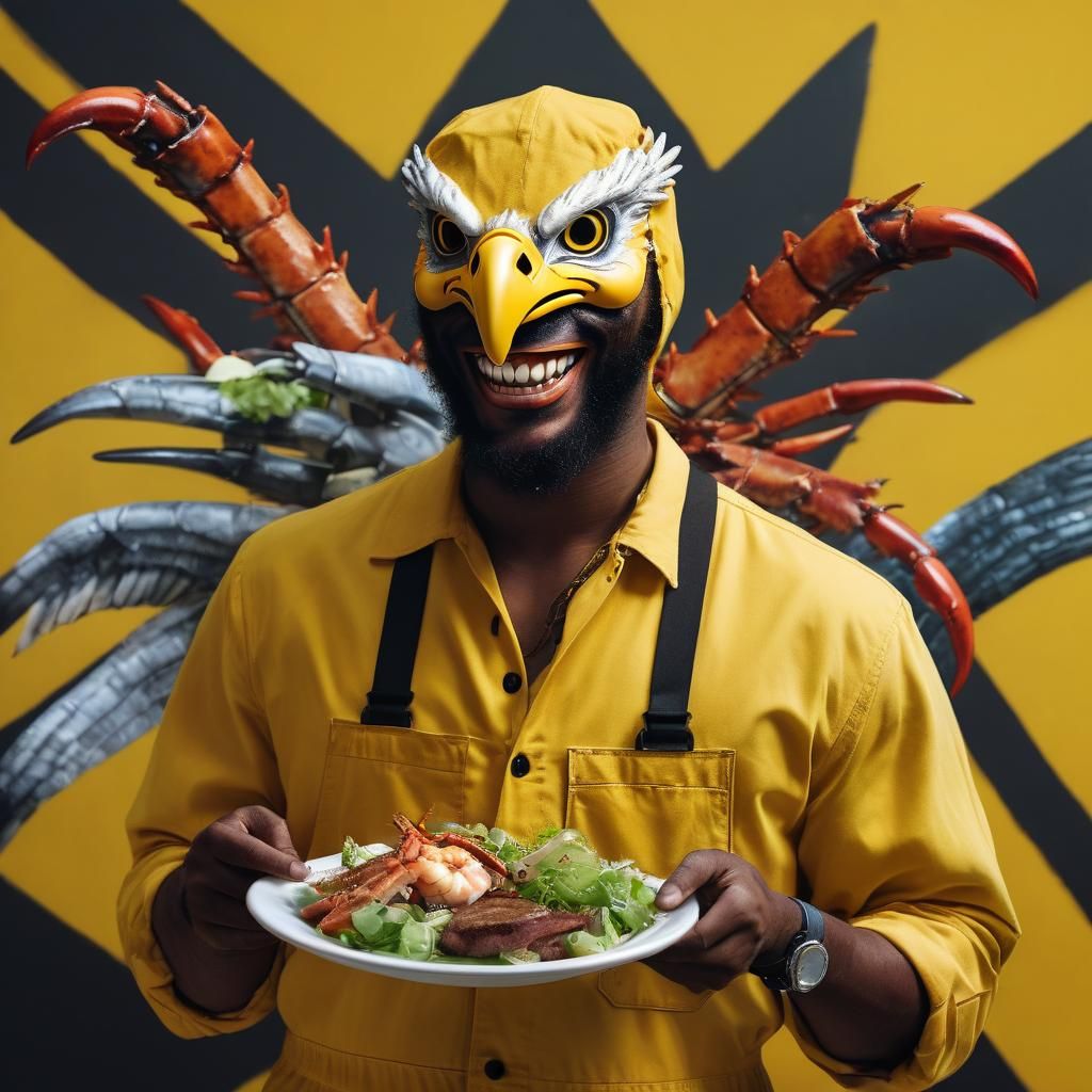 Eagle Masked Man Smiling with Steak and Crab