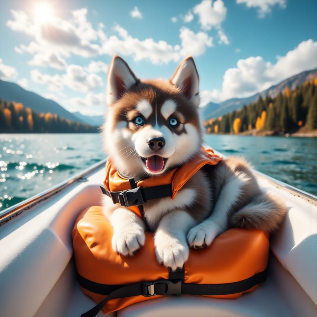 Husky Puppy's Boat Ride on a Sunny Lake