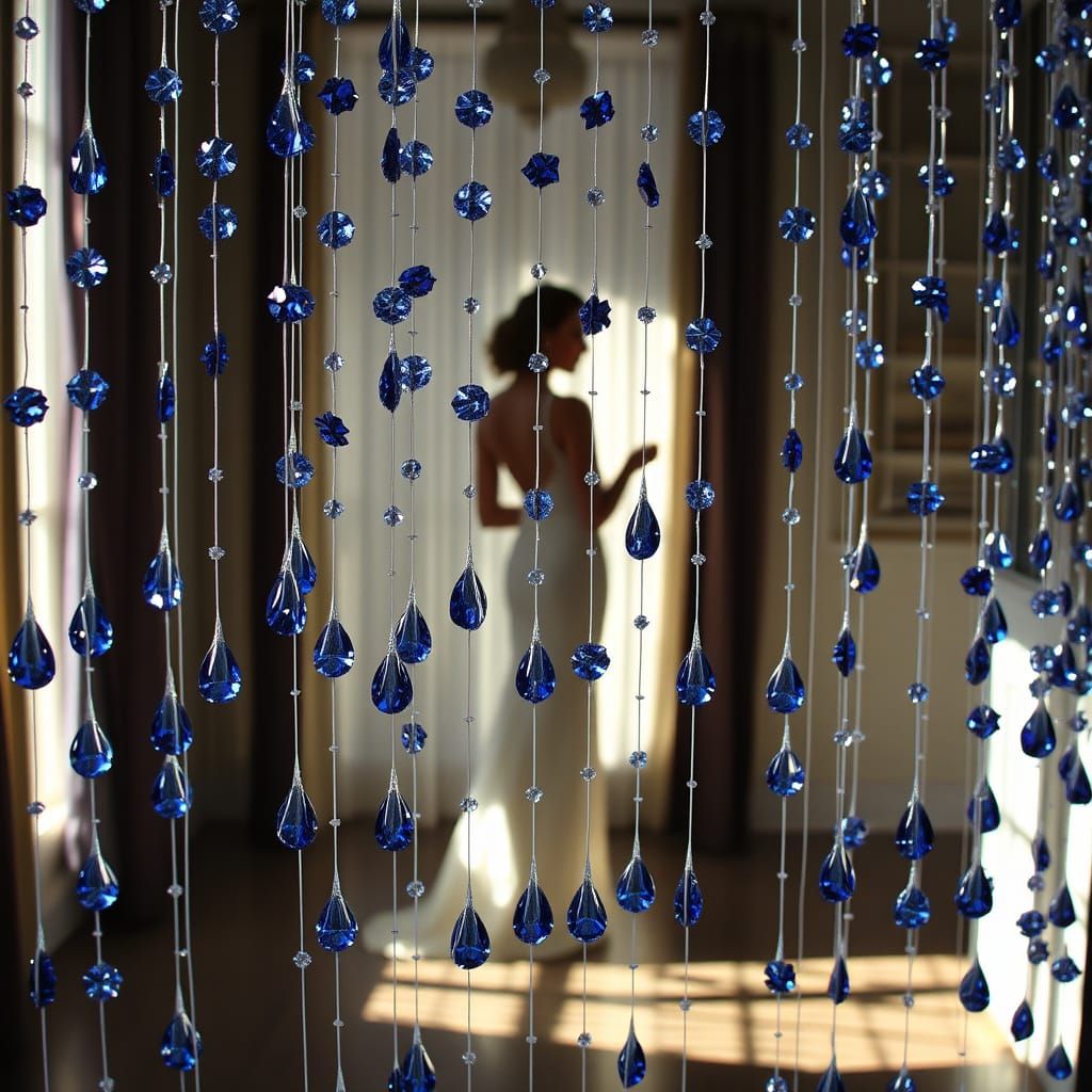 Sapphire Droplet Curtain Refracts Sunlight